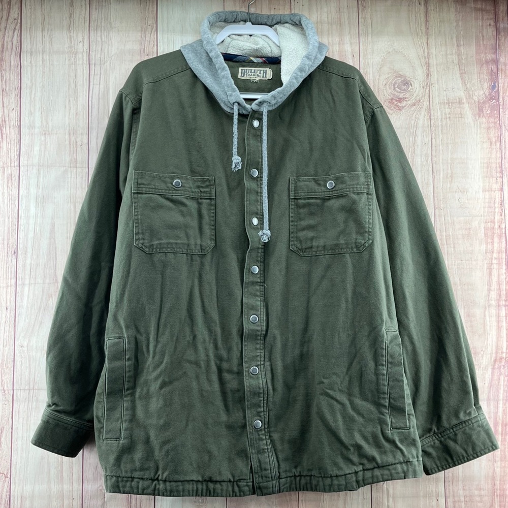 Duluth Trading Co Mens Canvas Lined Hooded Shirt Jacket Green‎ Flannel Lined 3XL